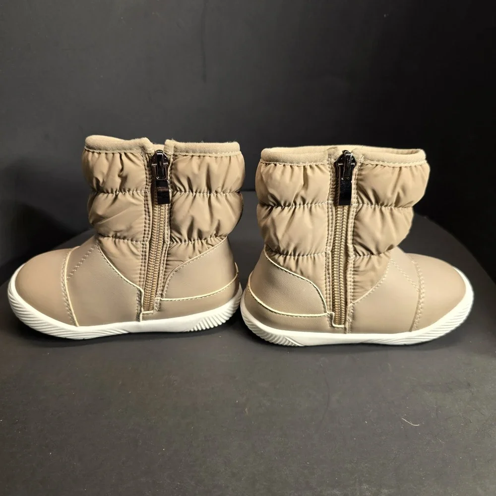 Kids Cozy Puffer Snow Boots Tan Side Zip Warm Lined Toddler Size 18 To 24 Months